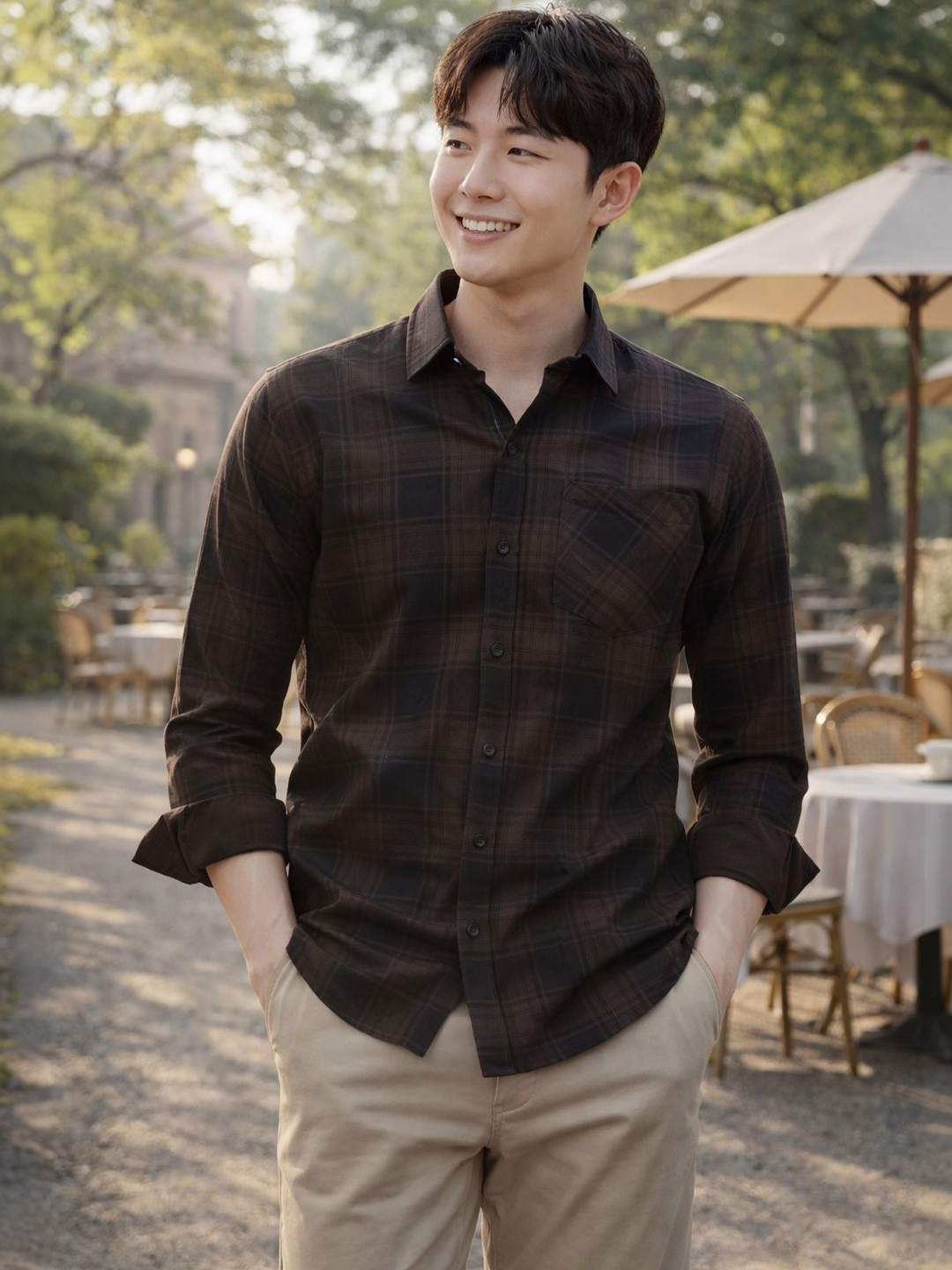 KASMEN CO. Modern Checked Spread Collar Cotton Slim Fit Shirt