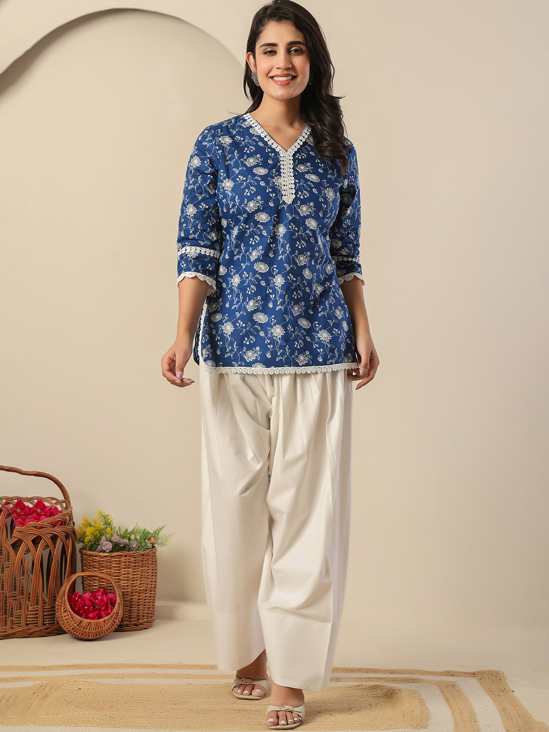 KASYA Lace Detail Printed Cotton Tunic with Farsi Pant