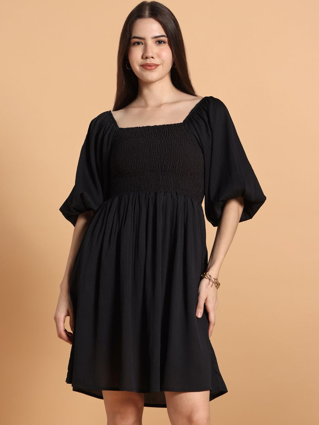 VALUE CREATION Viscose Rayon Puff Sleeve Crepe Dress