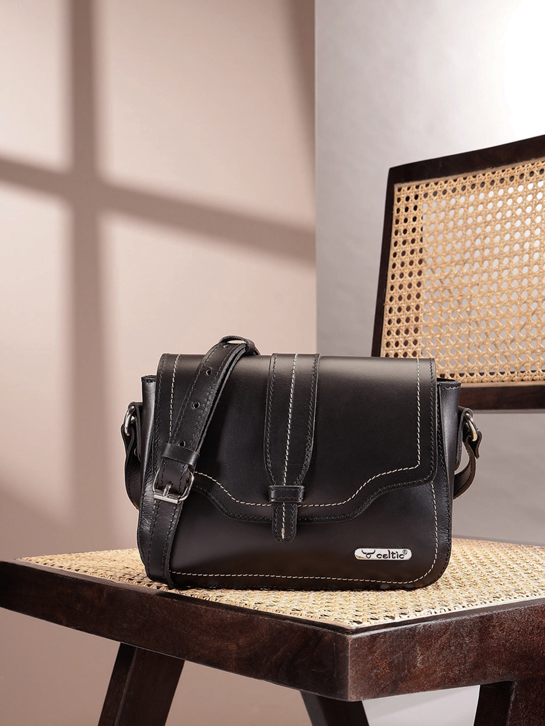 Celtic Premium Genuine Leather r Crossbody Bag Minimal Flap Sling with Contrast Stitching