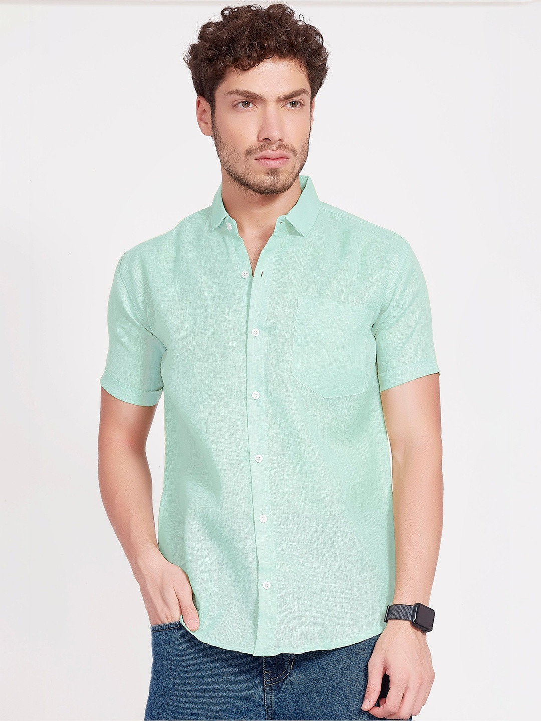 R.Code by The Roadster Life Co. Men Poly Linen Blend Slim Fit Half Sleeves Shirts