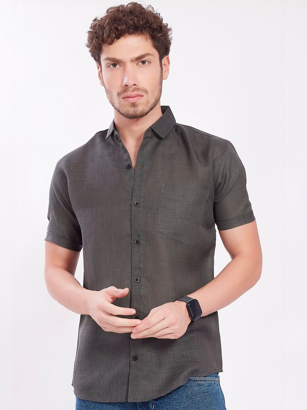 R.Code by The Roadster Life Co. Men Poly Linen Blend Slim Fit Half Sleeves Shirts