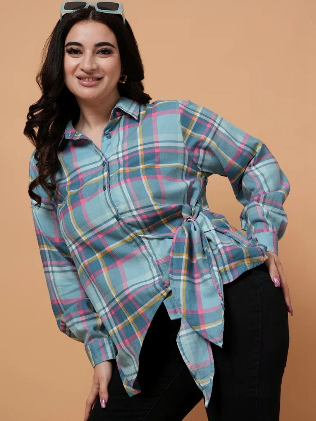 STYLLEY Women Blue Checked Collar Tie-up Detail Plus Size Shirts
