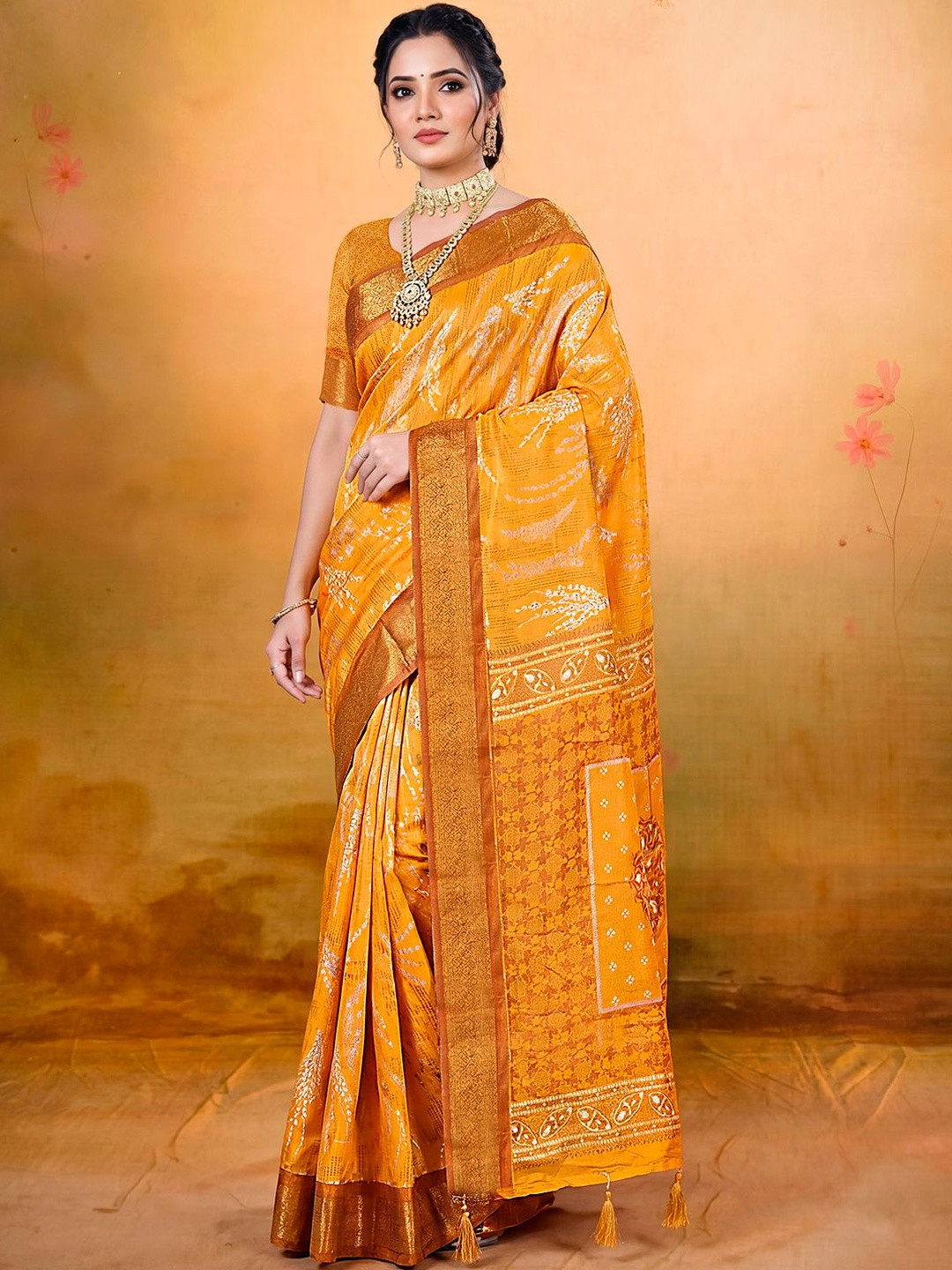 Vipul Orange Soft Silk Printed Woven Border Sarees