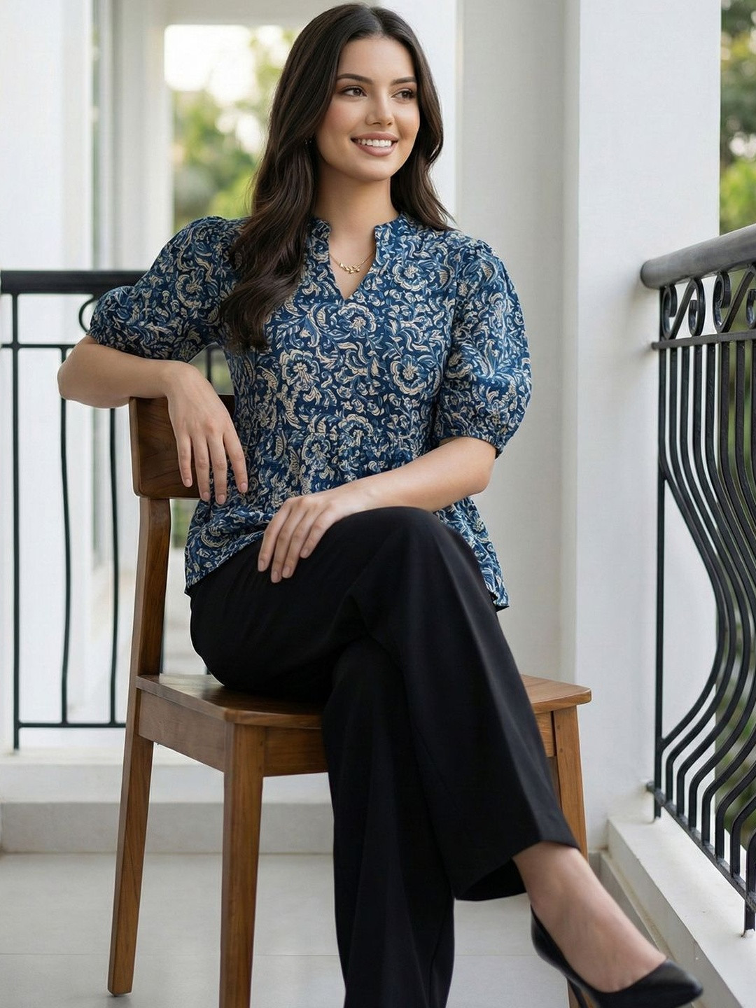 KALINI Floral Print Mandarin Collar Puff Sleeve Cotton Peplum Top