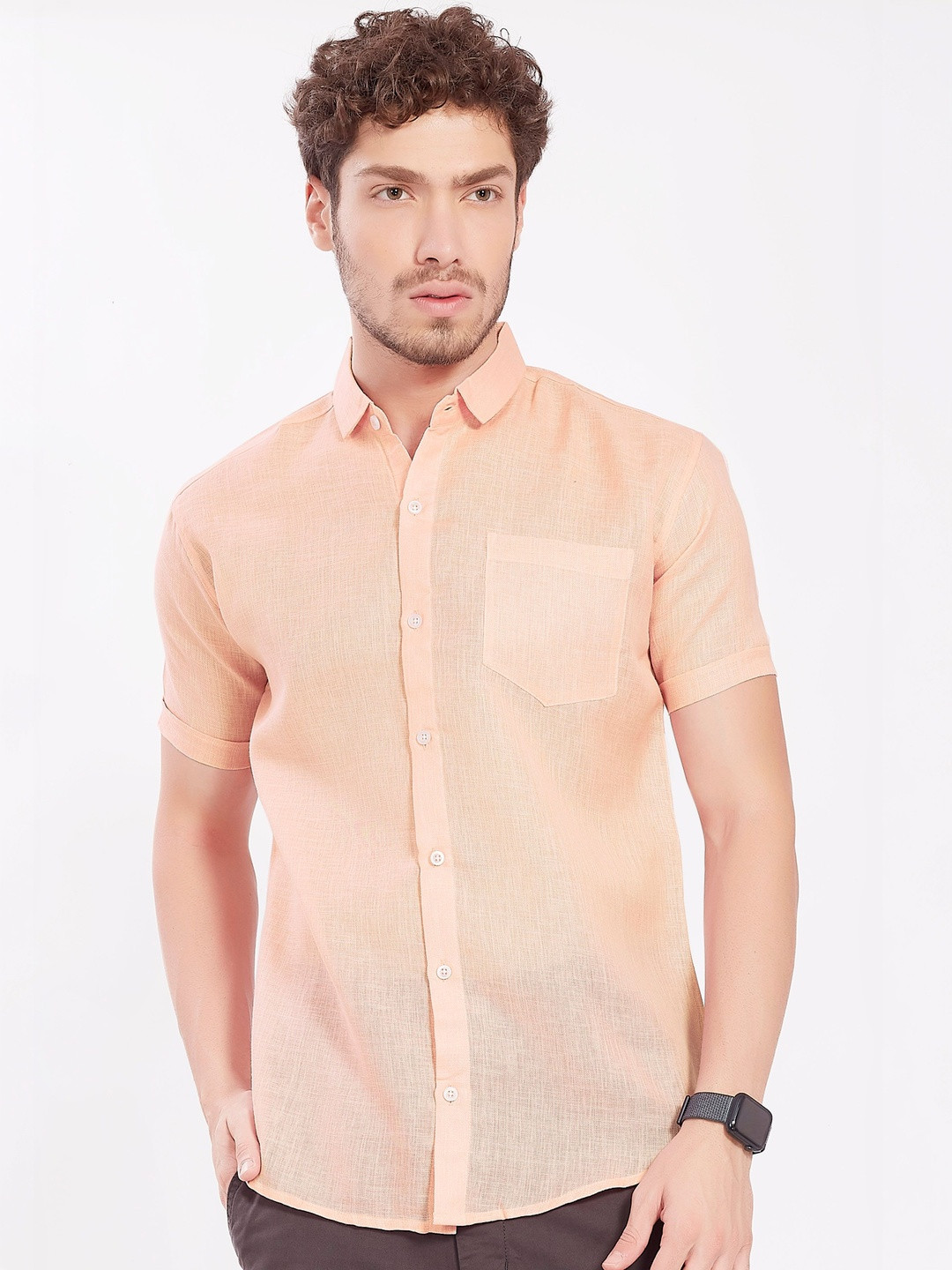 R.Code by The Roadster Life Co. Men Poly Linen Blend Slim Fit Half Sleeves Shirts