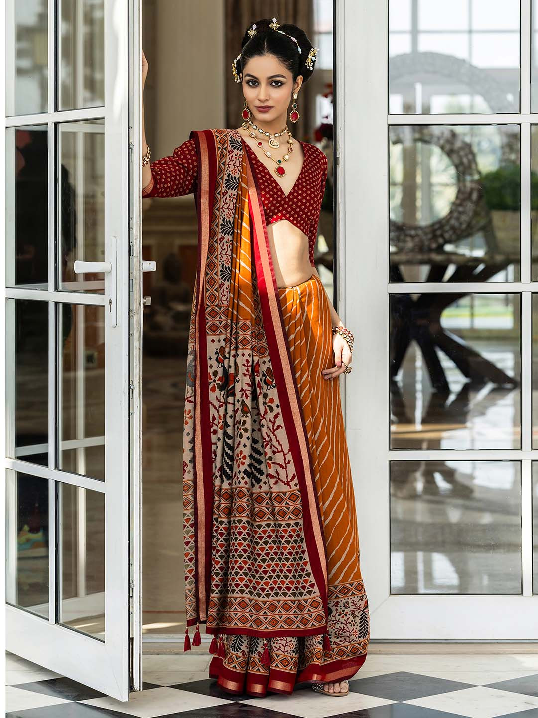 Libas Mustard Leheriya Printed Cotton Blend Saree With Unstitched Blouse Piece