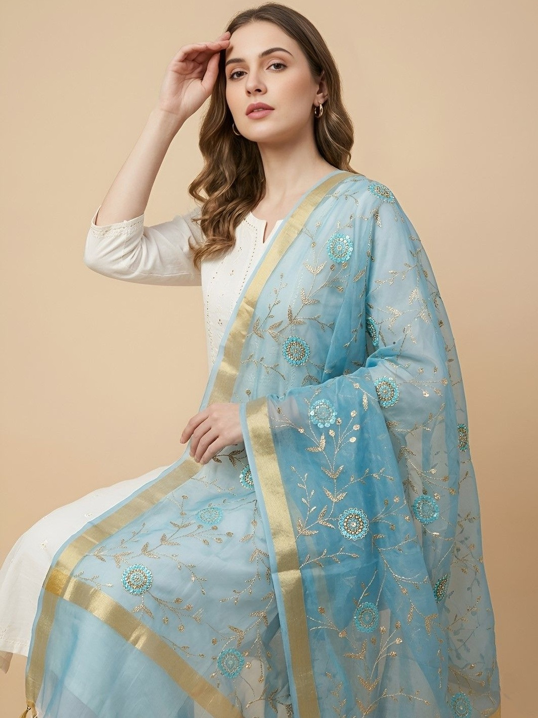 MUFFLY Woven Design Organza Dupatta with Zari