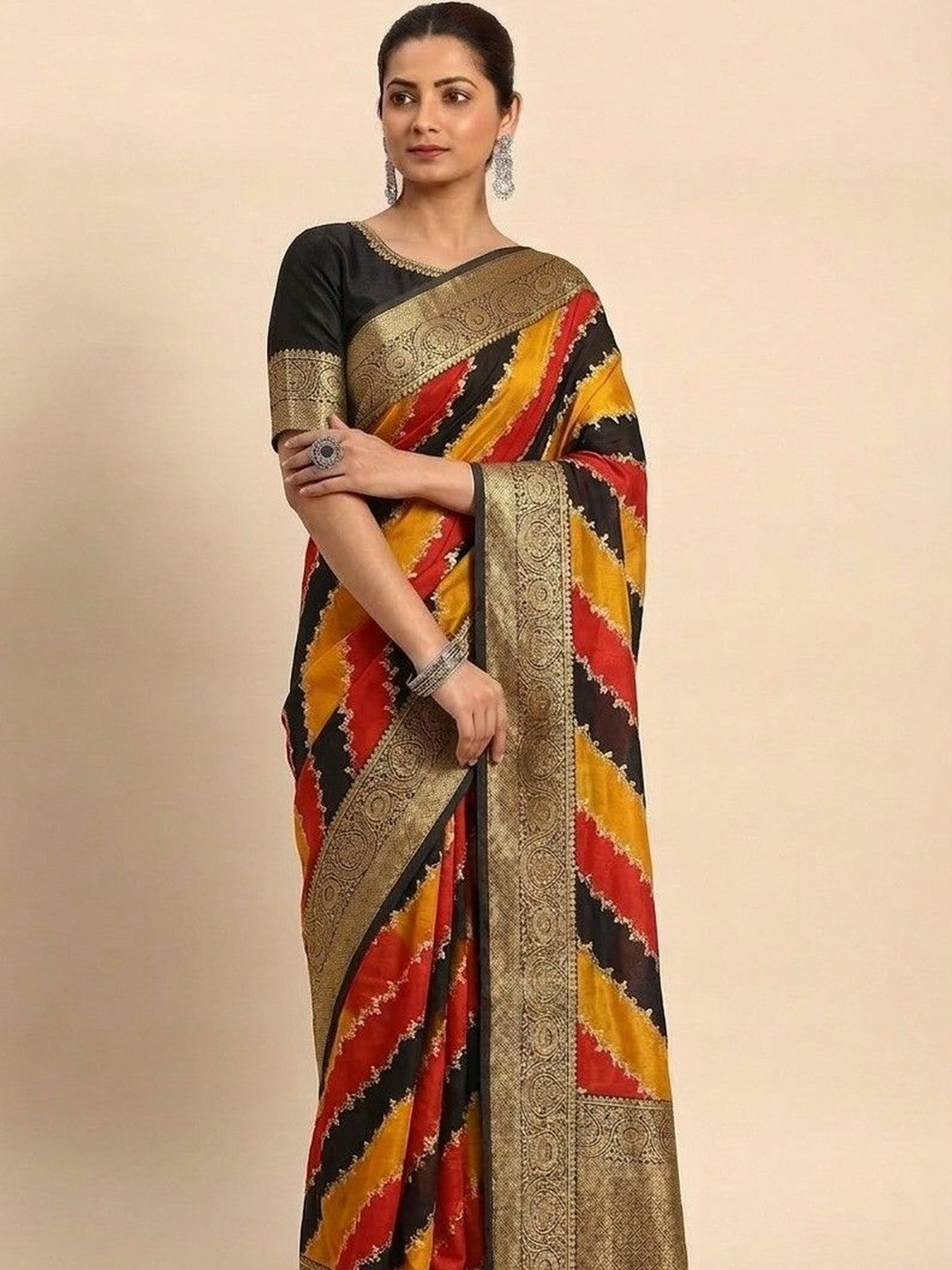 GHAN SALS Leheriya Woven Design Embroidered Kanjeevaram Saree