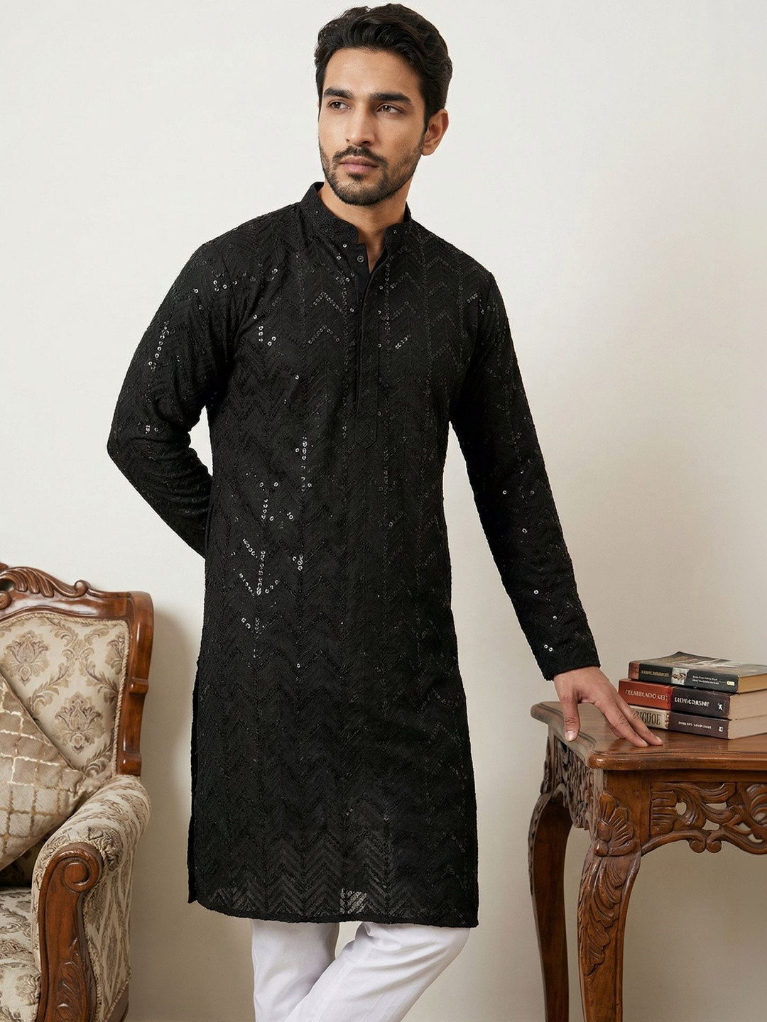 Jompers Men Embroidered Regular Sequinned Kurta with Pyjamas