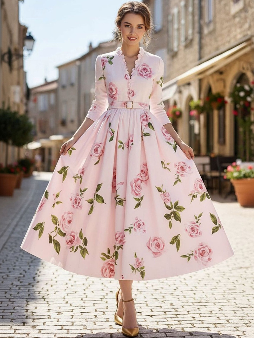 LULU & SKY Floral Printed Scalloped V-Neck Maxi Dress