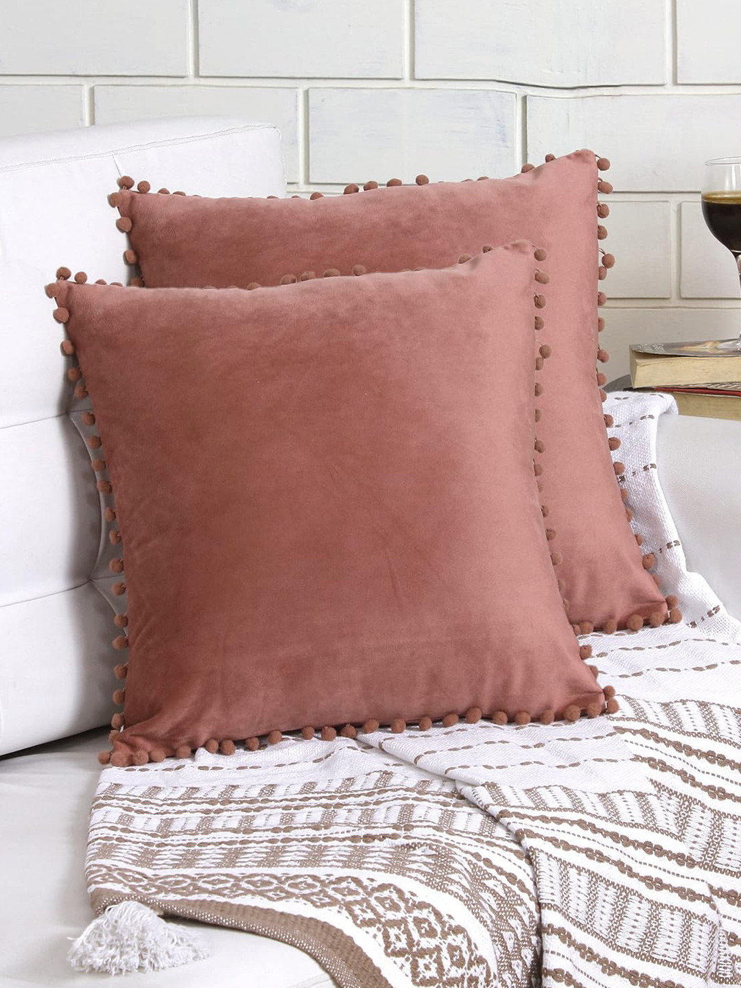 KNOTTING HOME Pink Set of 2 Velvet Square Cushion Covers