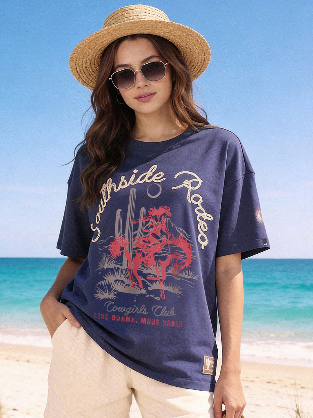 Bewakoof Heavy Duty Women Skipper Blue Rodeo Graphic Printed Oversized T-shirt