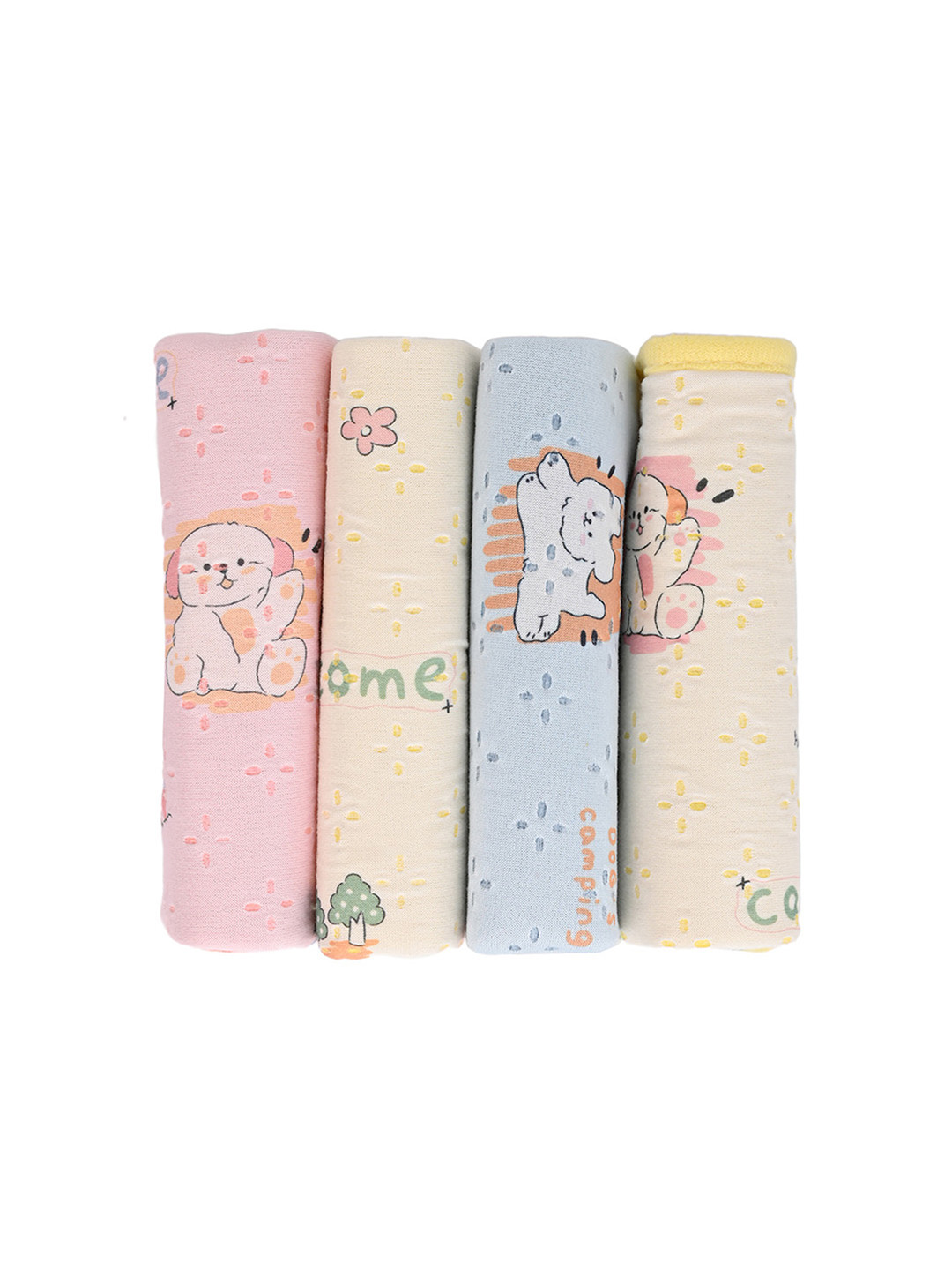 FOOTONS Kids Pack of 4 Pink, Yellow & Blue Cotton Printed Handkerchiefs with Hemmed Edges