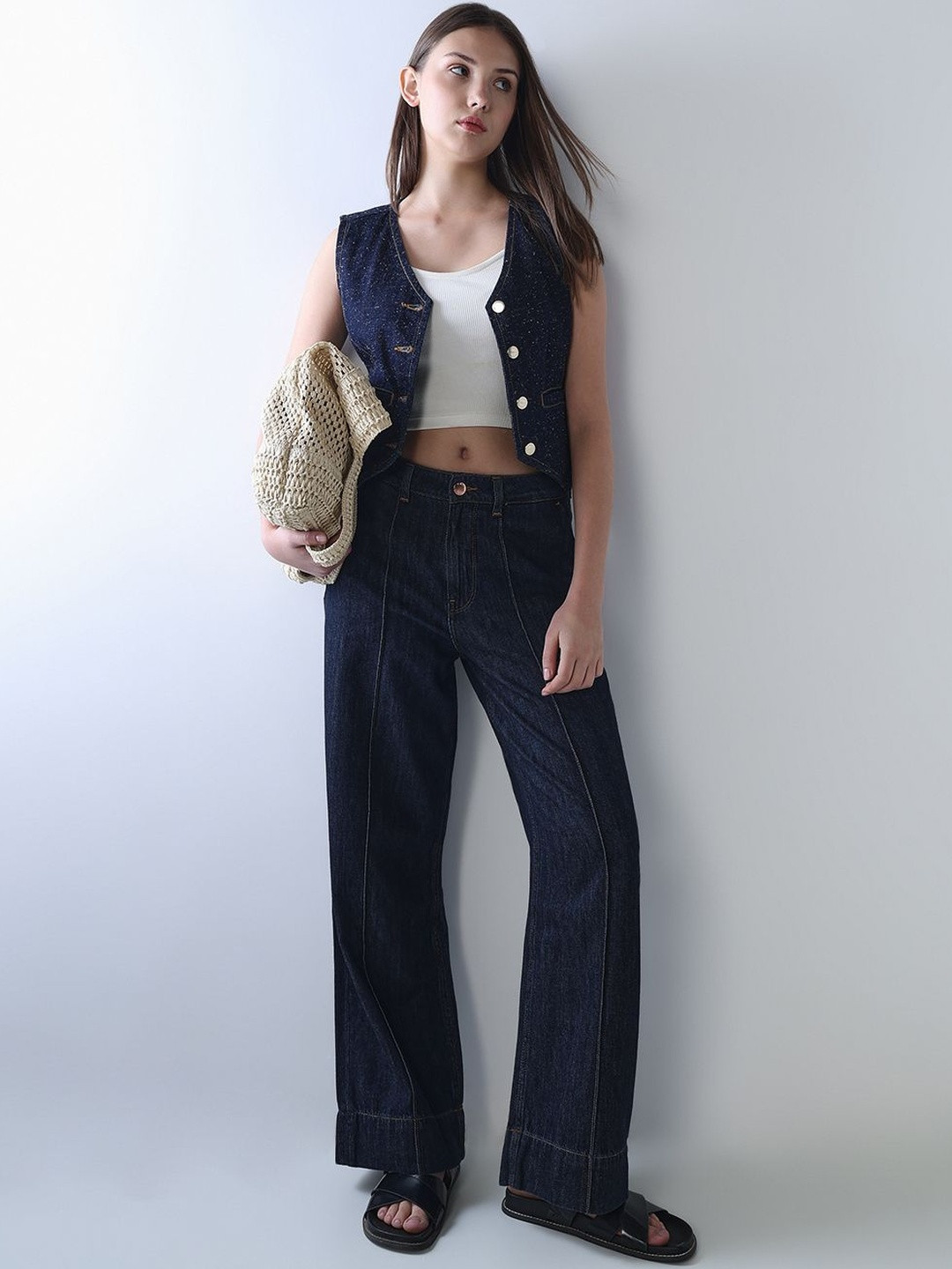 ONLY Women Solid Wide Leg Blue Jeans