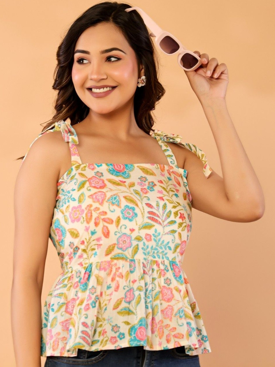 Sangria Floral Print Cotton Peplum Crop Top