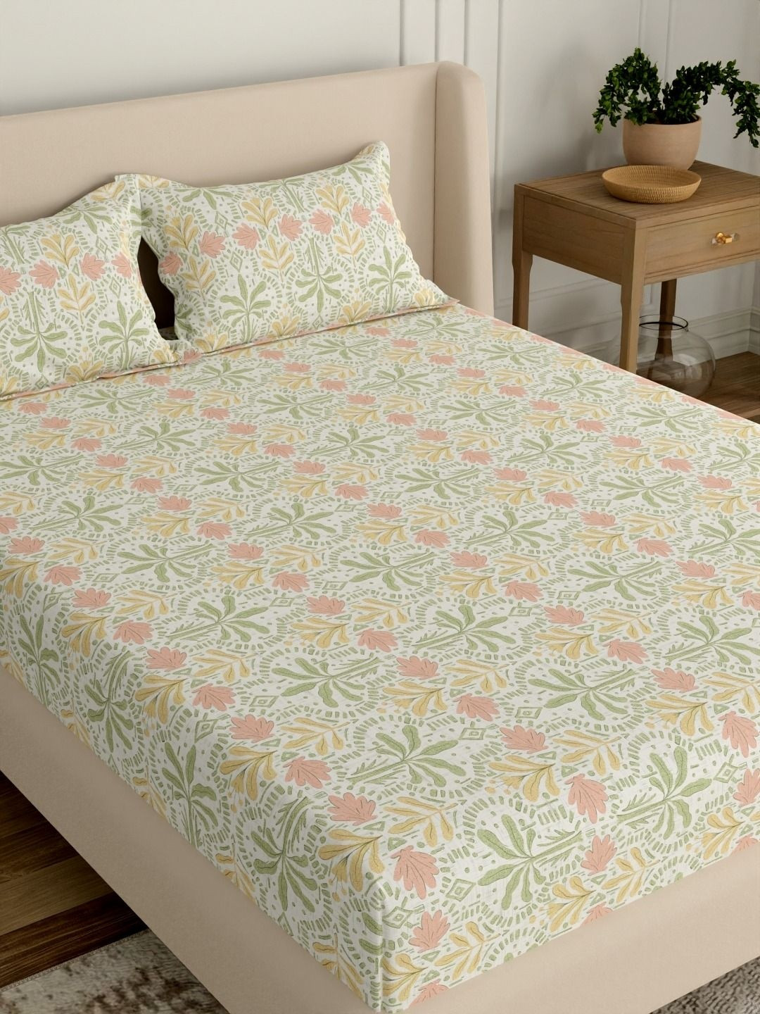 Portico Grey & Yellow Floral 144 TC King Bedsheet with 2 Pillow Covers