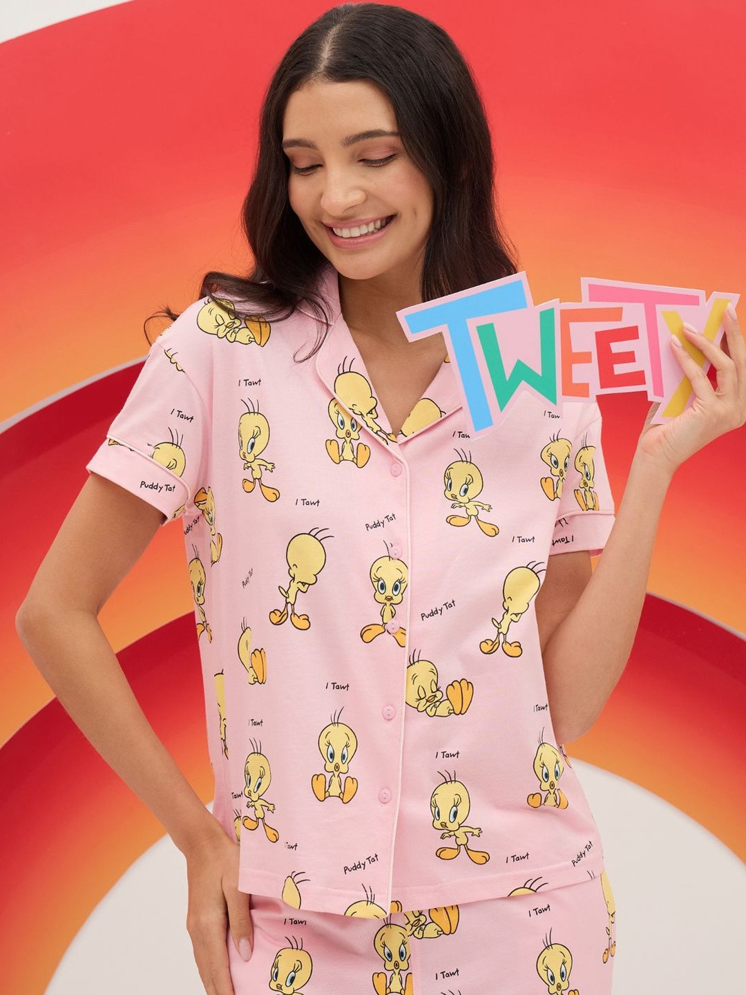 Sweet Dreams Women Adorable Loony Tunes Front Open Pajama Set