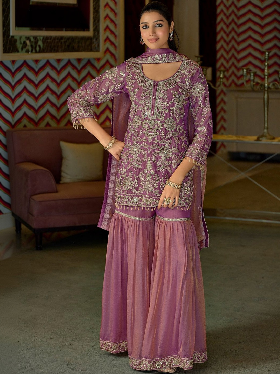 Indo Era Women Floral Embroidered Regular Beads and Stones Kurta with Sharara & With Dupatta