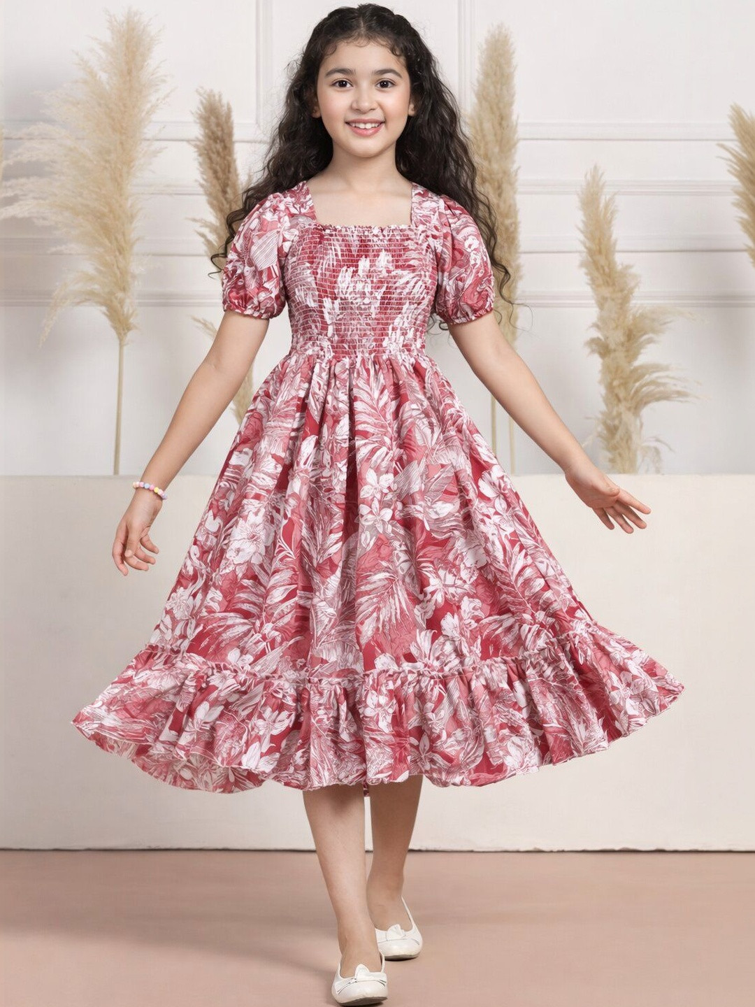 DEKLOOK Girls Printed Square Neck Fit Flare Midi Dress