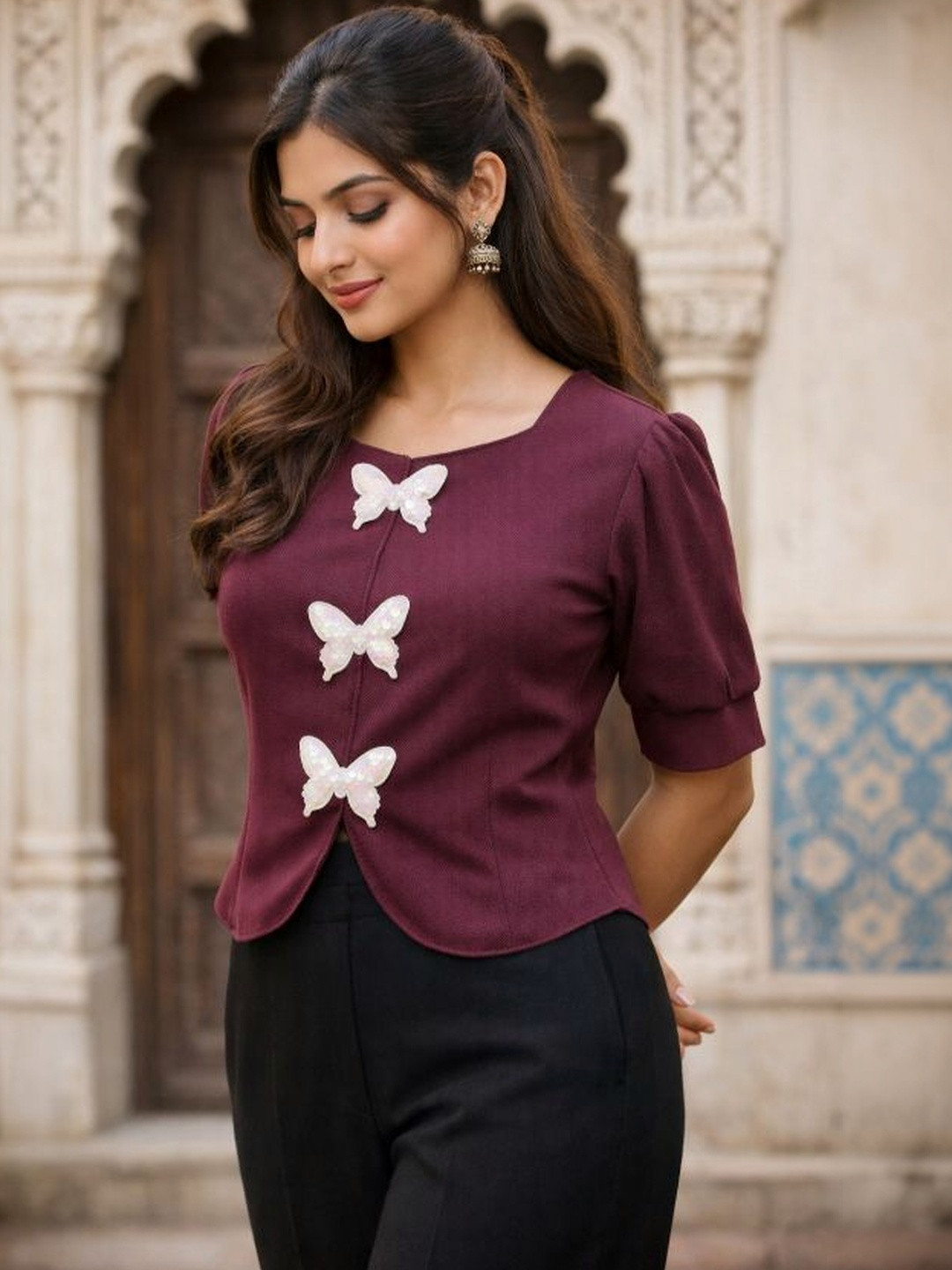 SAKSHI TRADER Sweetheart Neck Puff Sleeves Crop Top