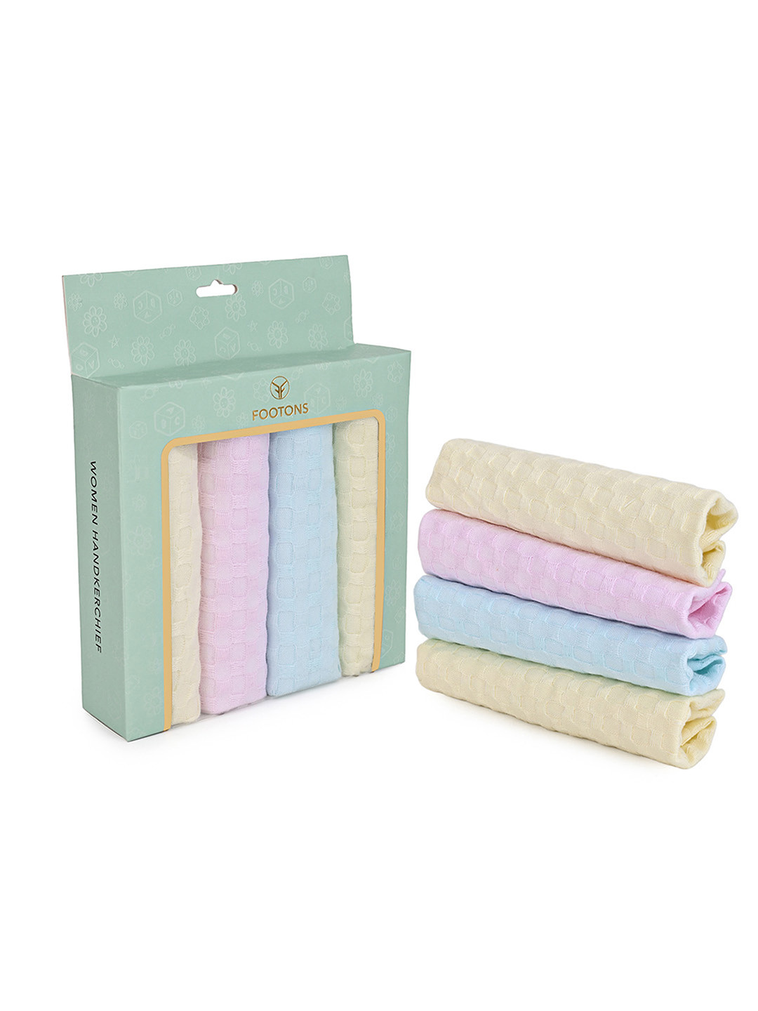 FOOTONS Women Pack of 4 Pink & Blue Cotton Printed Handkerchiefs with Hemmed Edges