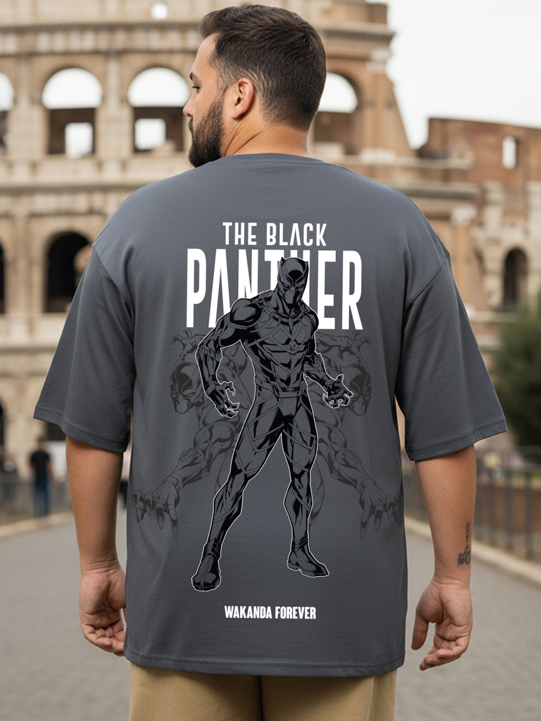 Heavy Duty 1.0 Marvel Wakanda Forever Men Grey Graphic Printed Oversized Plus Size T-shirt