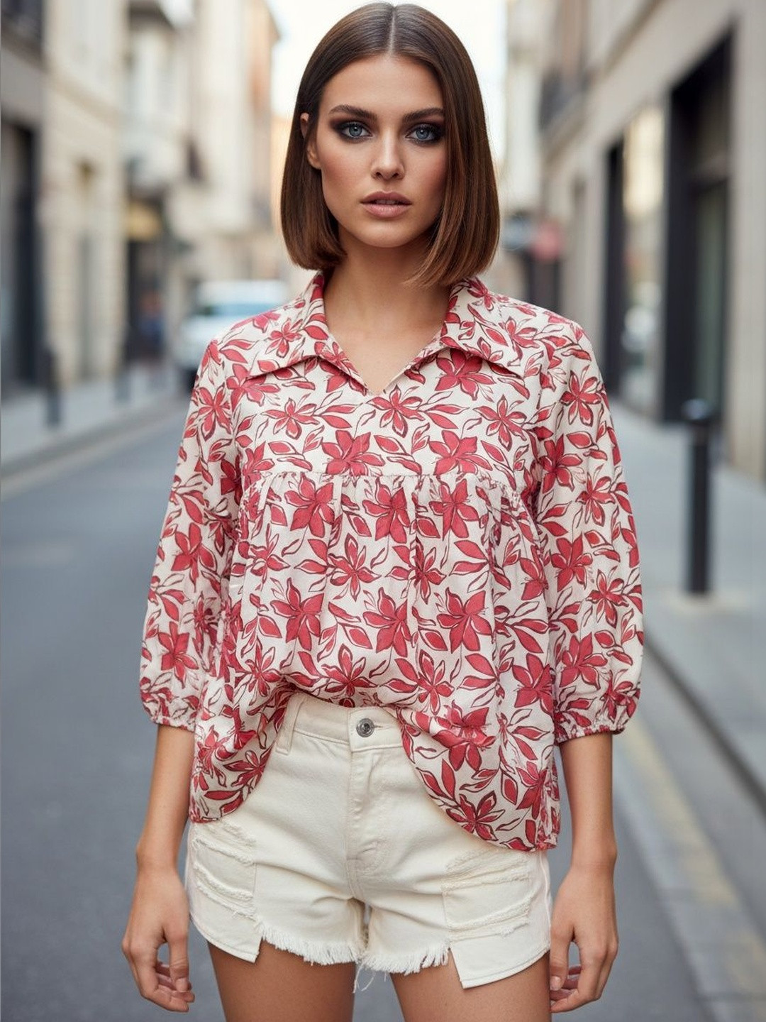 TIRA Pink Floral Printed Poly Crepe Tops