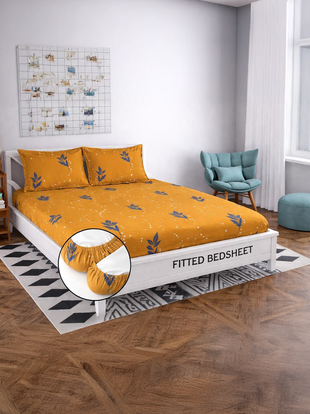 Panipat Textile Hub Yellow Floral 210 TC Bedsheet with 2 Pillow Covers