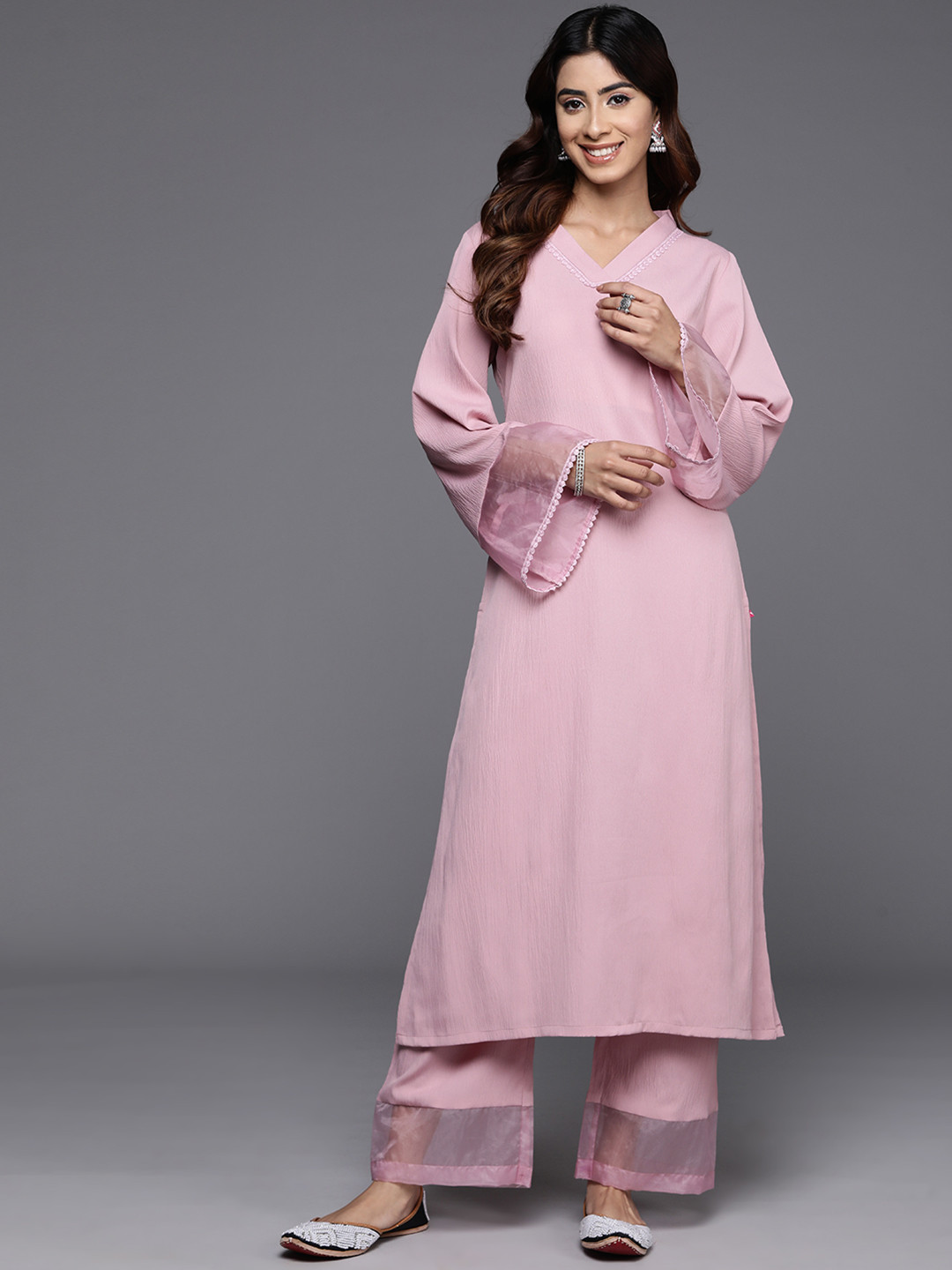 Varanga Pink Flared Sleeve Organza detailed Solid Kurta & Palazzo