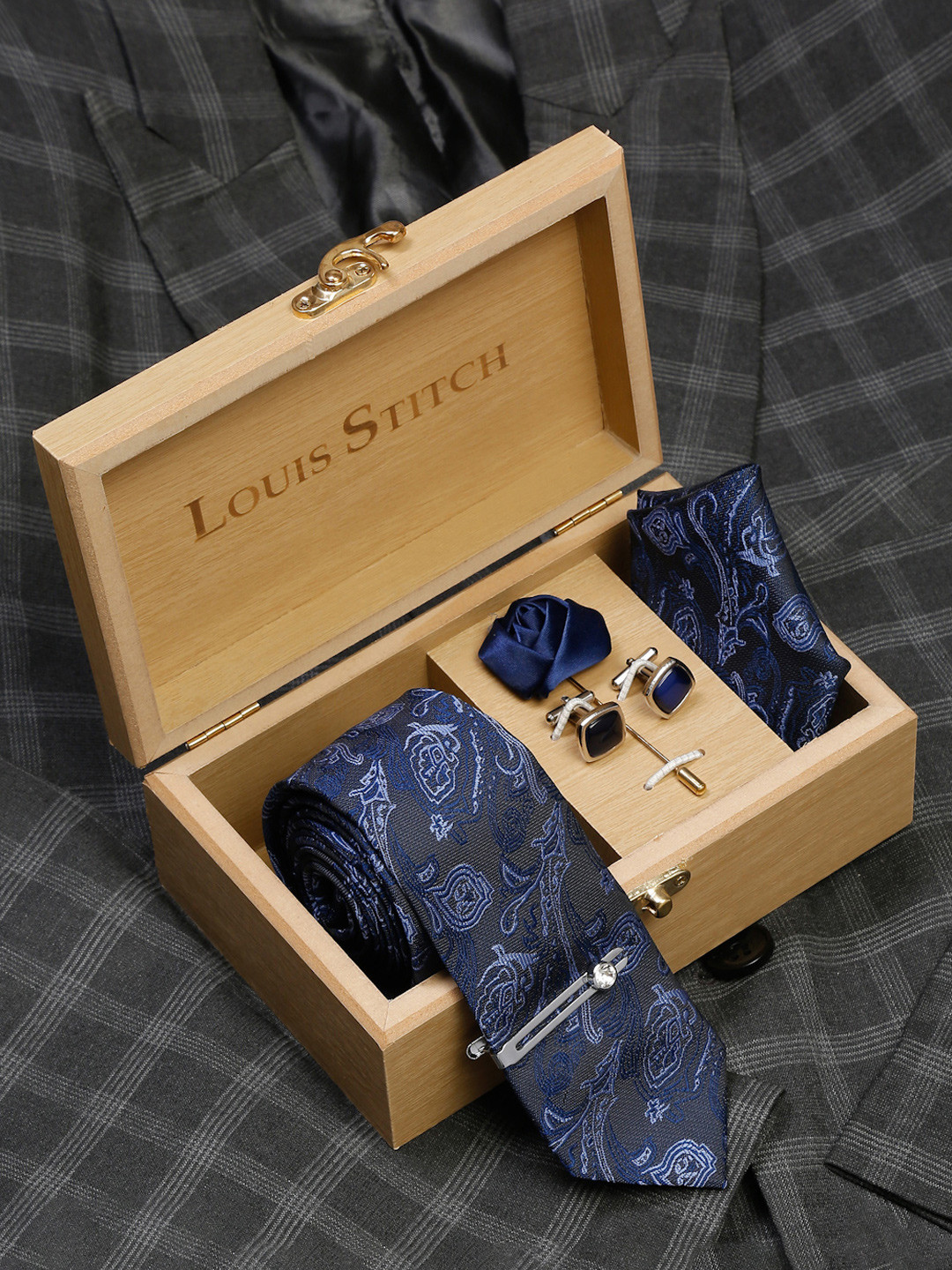 LOUIS STITCH Woven Designed Italian Silk Necktie Accessory Gift Set