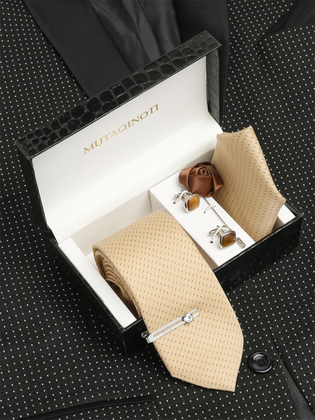 MUTAQINOTI Men Dotted Cream Silk Necktie Accessory Gift Set