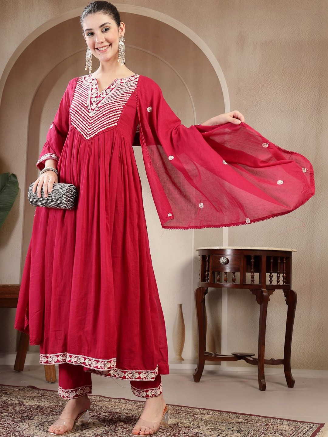 Sangria Pure Cotton Round Neck Kurta & Trousers With Dupatta