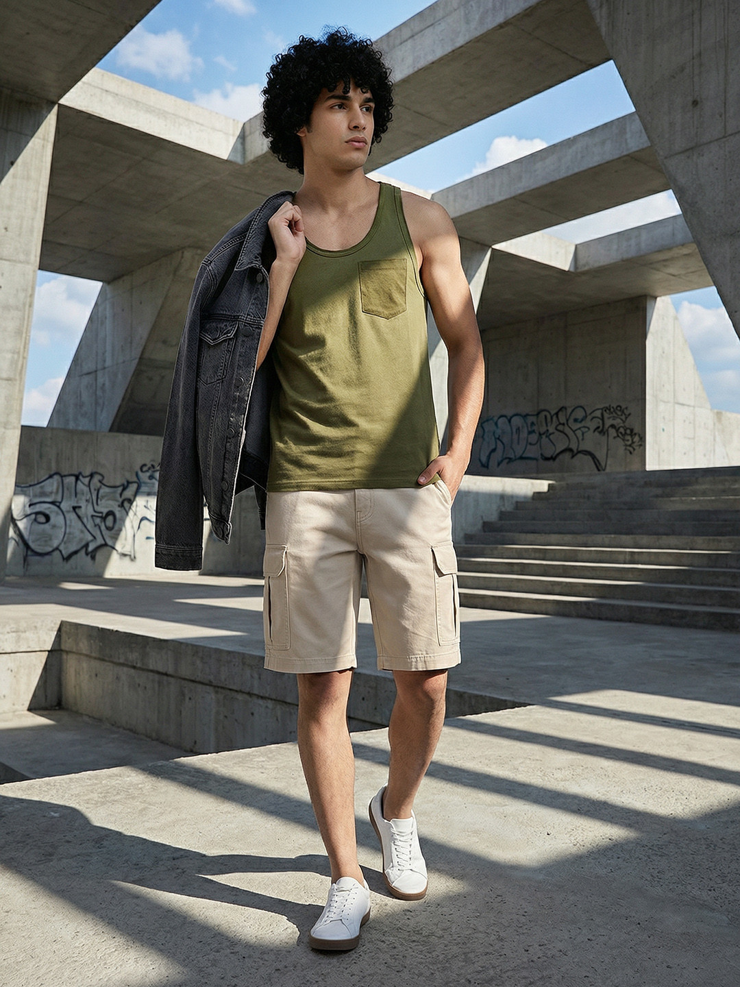 Roadster Time Travlr Men Olive Green Sleveless Pure Cotton T-shirt with Raw Edges