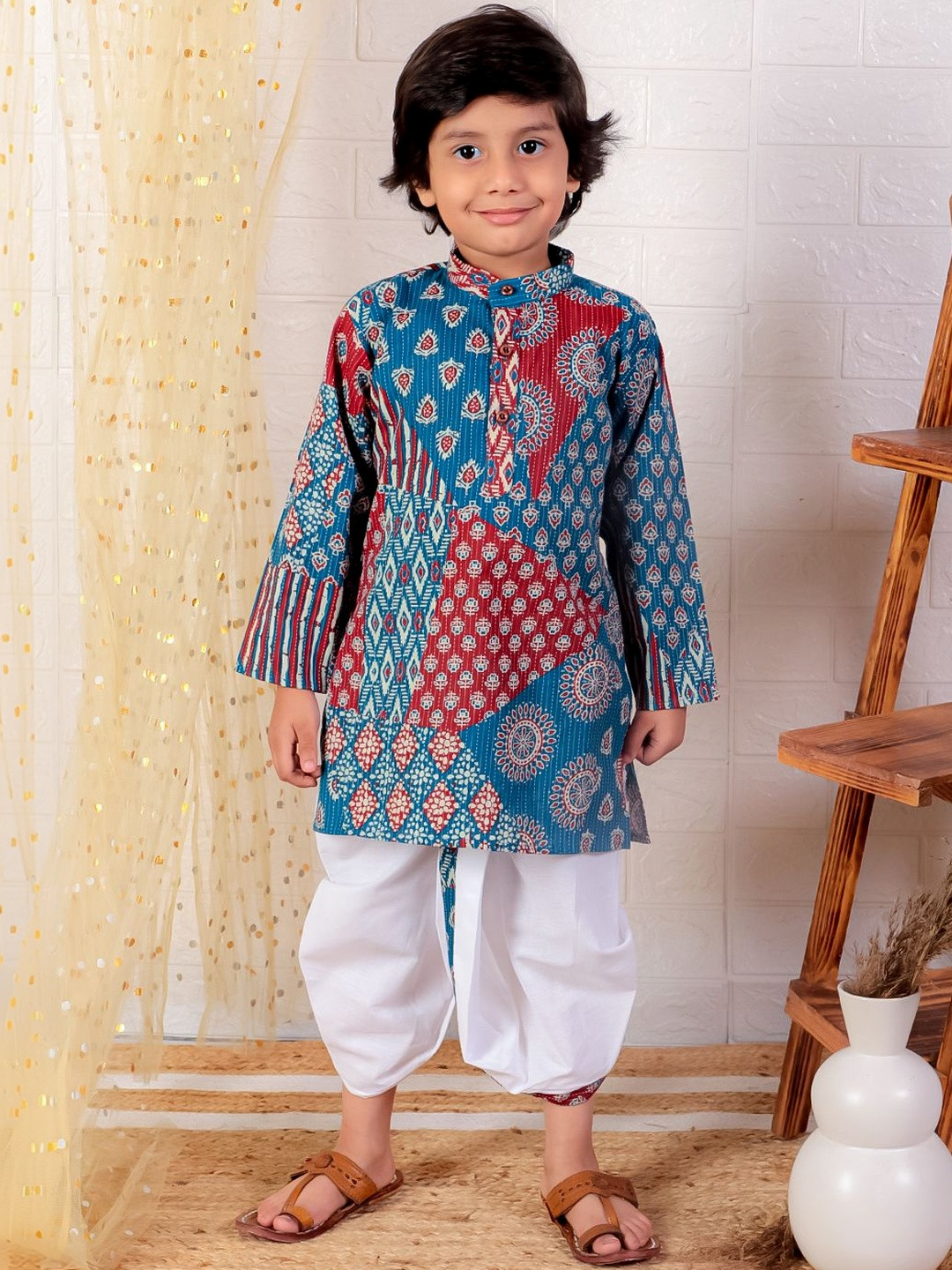 MoMaa Boys Floral Printed Regular Pure Cotton Kurta with Dhoti Pants