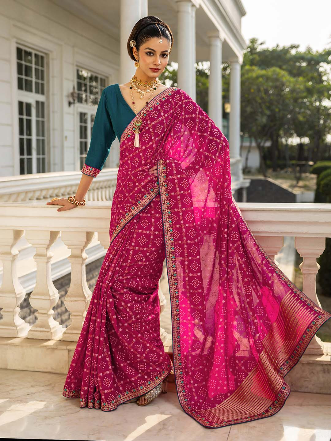 Libas Magenta Printed Saree With Unstitched Blouse Piece