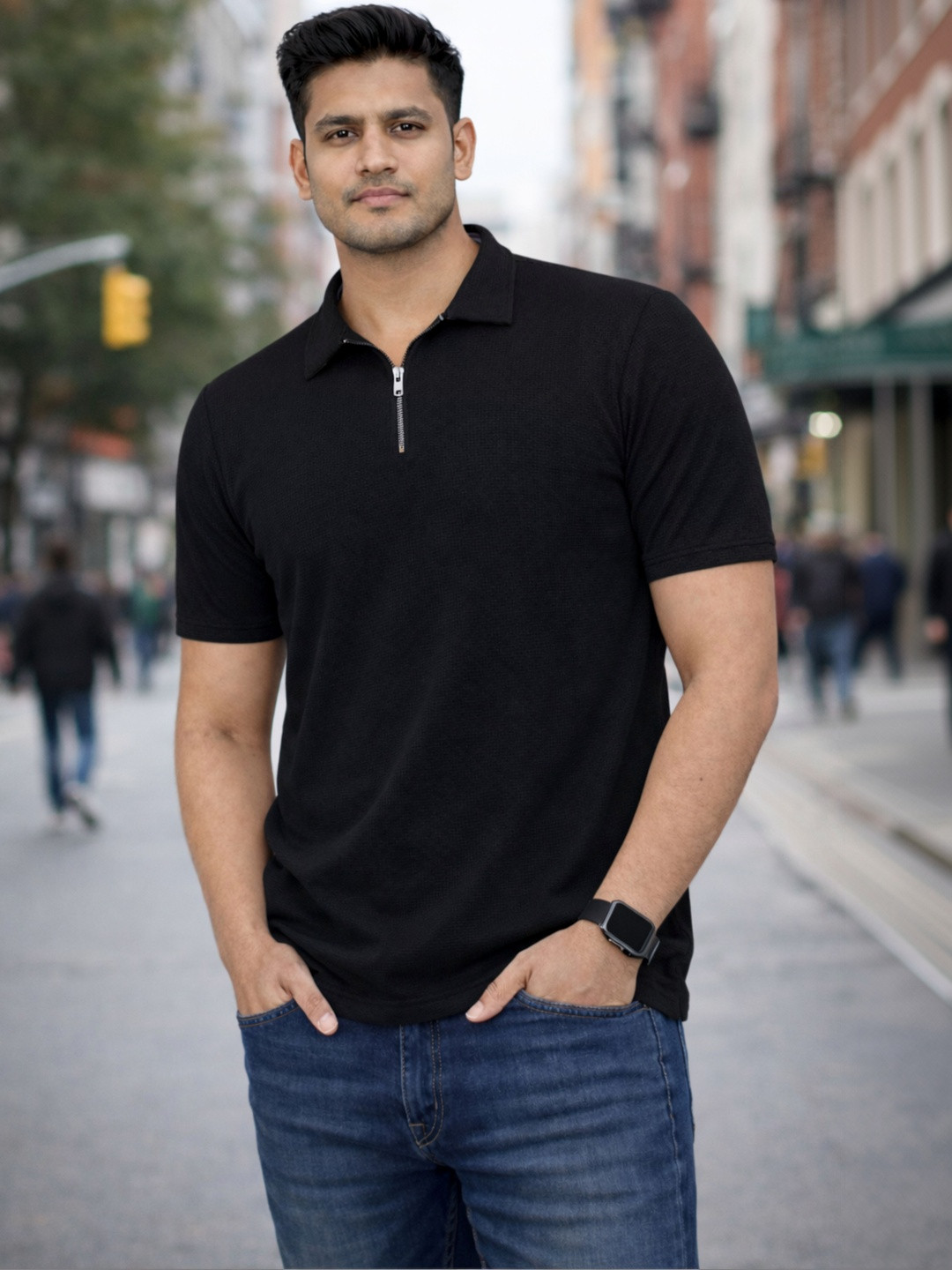 Metronaut Self Design Waffle Polo Collar Men Tshirts