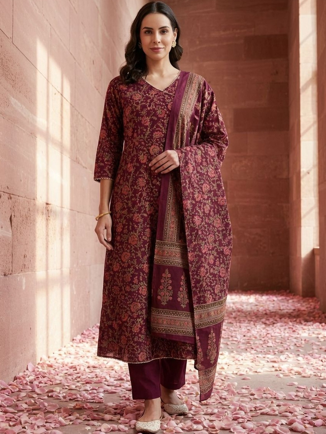 Yuris Women Printed Angrakha Gotta Patti Pure Cotton Kurta with Trousers & With Dupatta