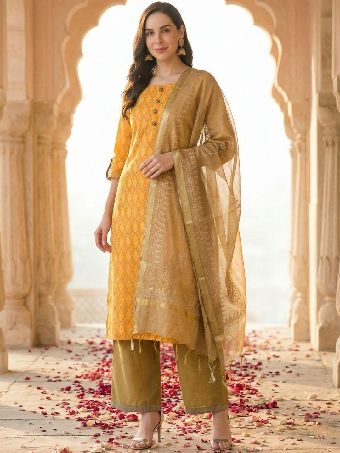 Yuris Women Printed Regular Pure Cotton Kurta with Trousers & With Dupatta
