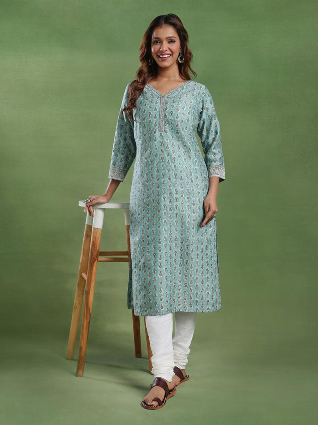 Fabindia Women Geometric Printed Sequinned Kurta