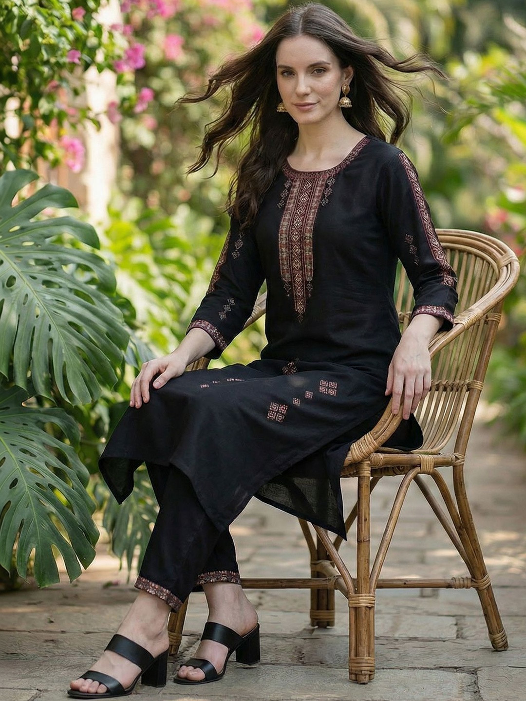 Indo Era Women Ethnic Motifs Embroidered Regular Thread Work Kurta with Trousers