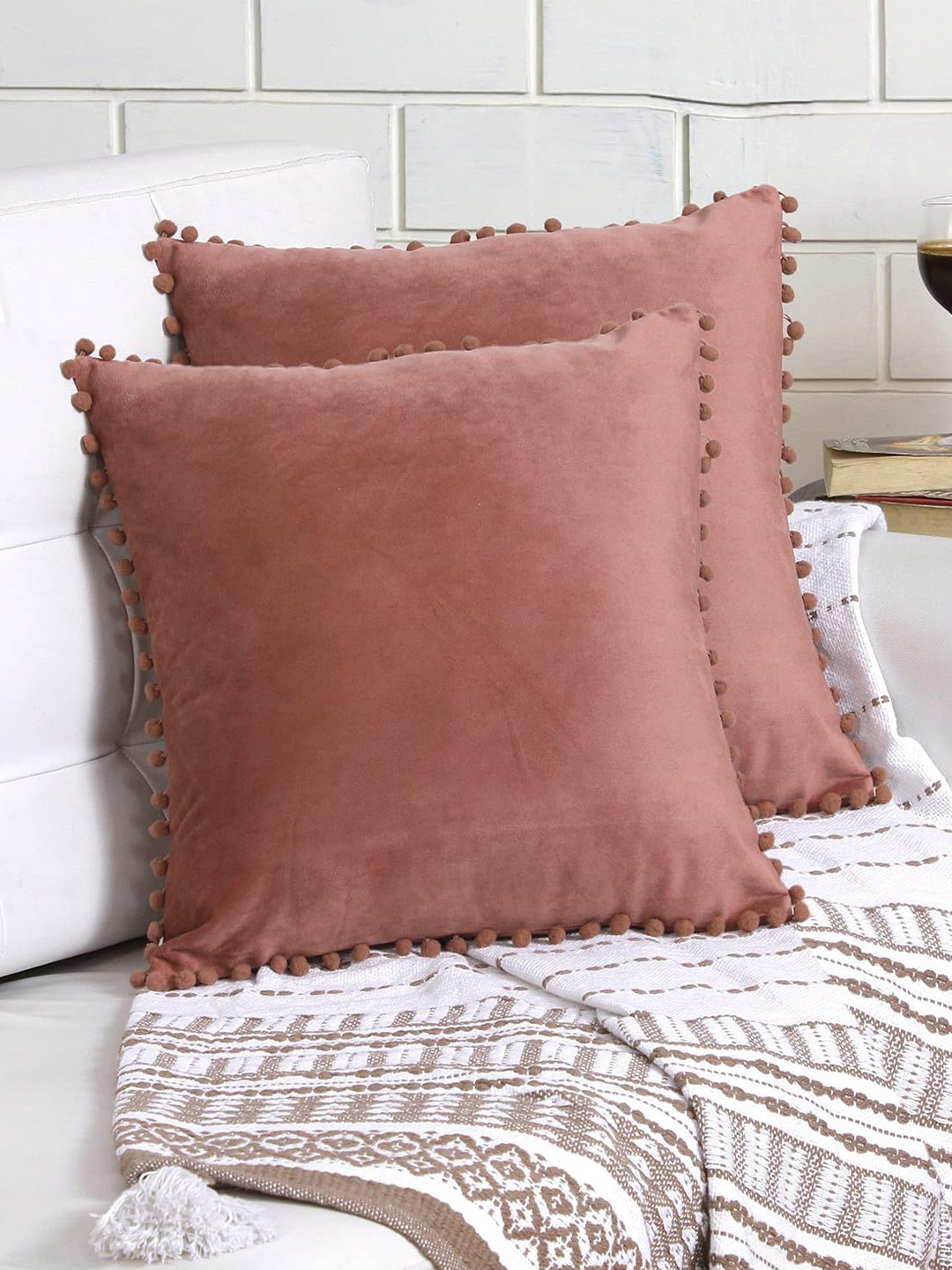 KNOTTING HOME Pink Set of 2 Velvet Square Cushion Covers