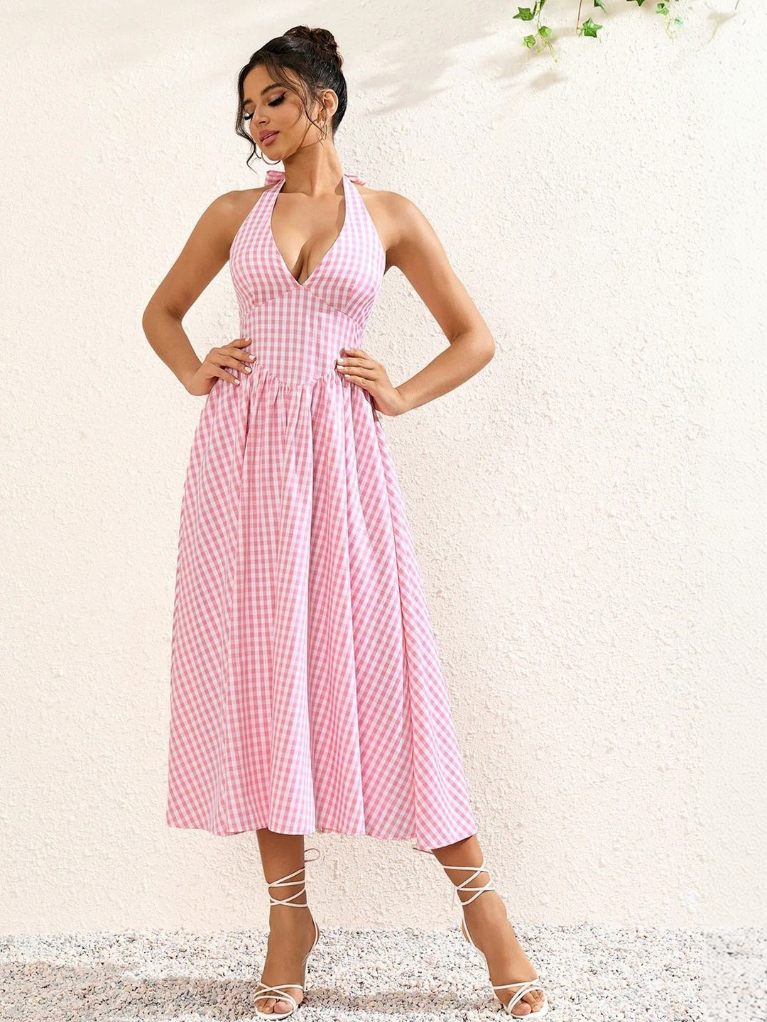 ALLORIA Checked Halter Neck A-Line Midi Dress