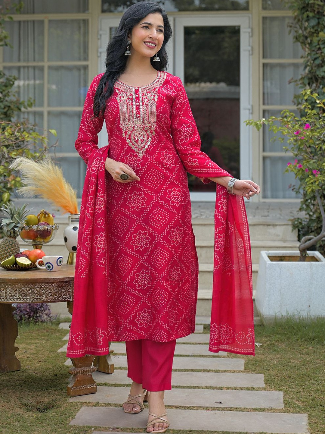 KALINI Women Bandhani Printed Regular Mirror Work Kurta with Trousers & With Dupatta