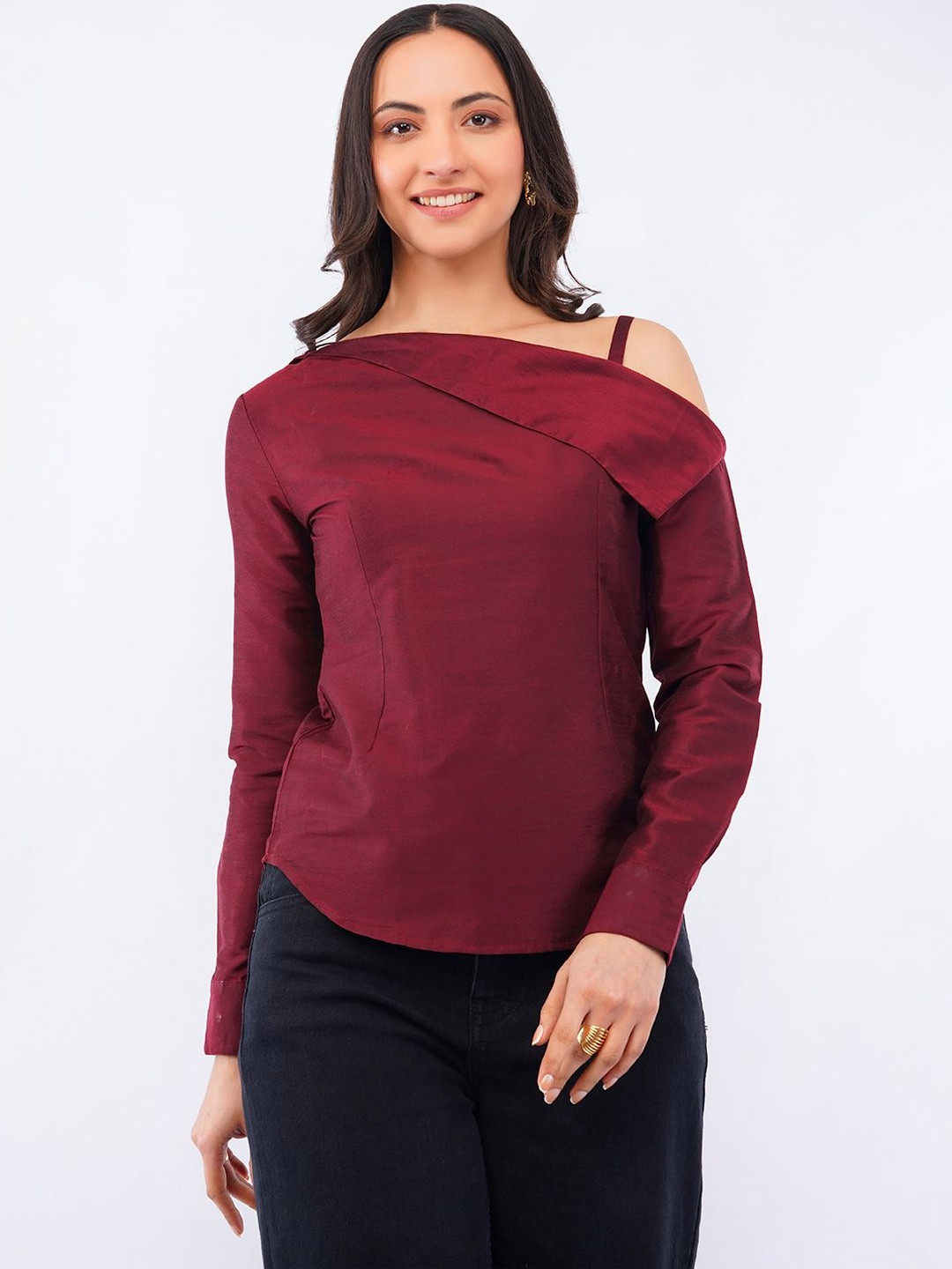 KARVIICH One Shoulder Cold-Shoulder Cotton Top
