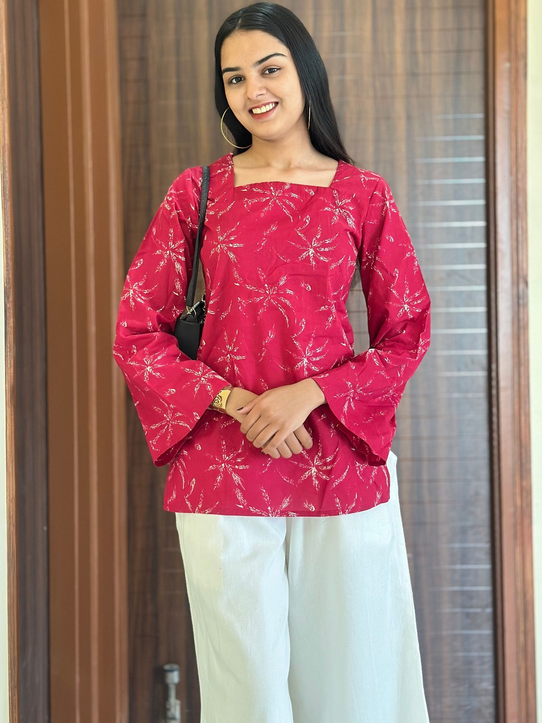 Deeps Fashion Ethnic Motifs Printed Square Neck Flared Sleeves Pure Cotton Blend Kurti