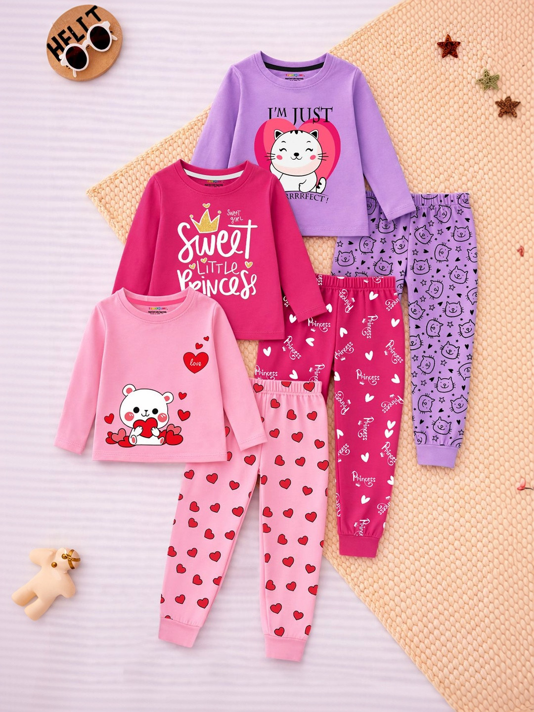 YK X Trampoline Pack of 3 Girls Printed T-shirt with Pyjamas