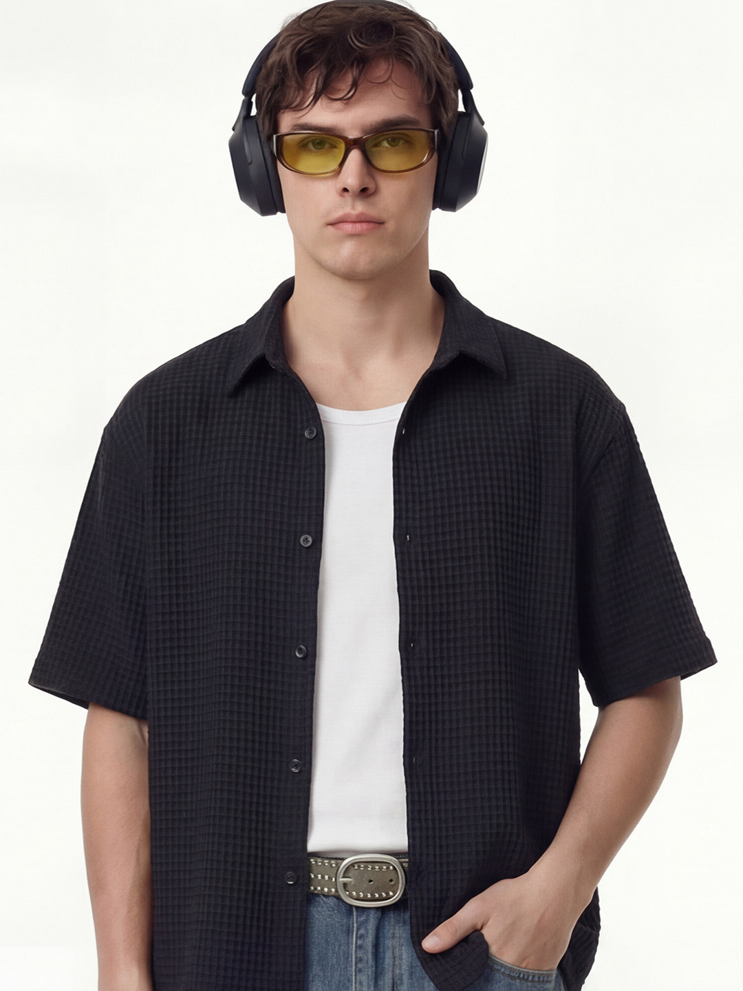 Highlander Men Black Popcorn Textured Boxy Shirt