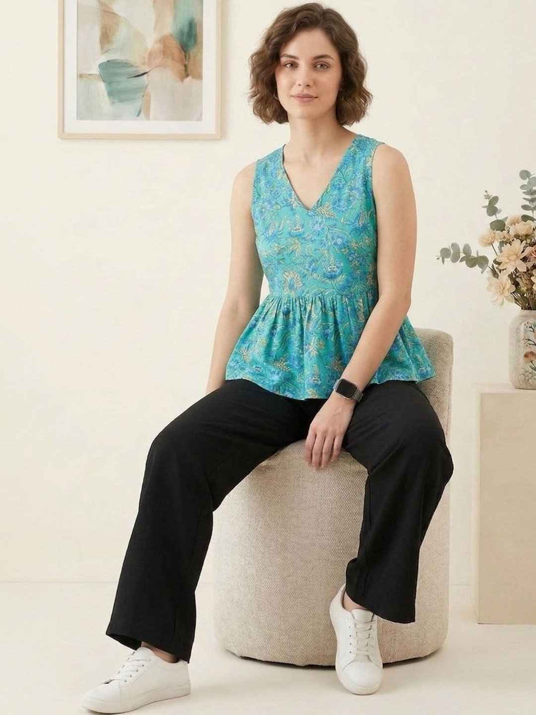 KALAMIR Floral Print Cotton Peplum Top