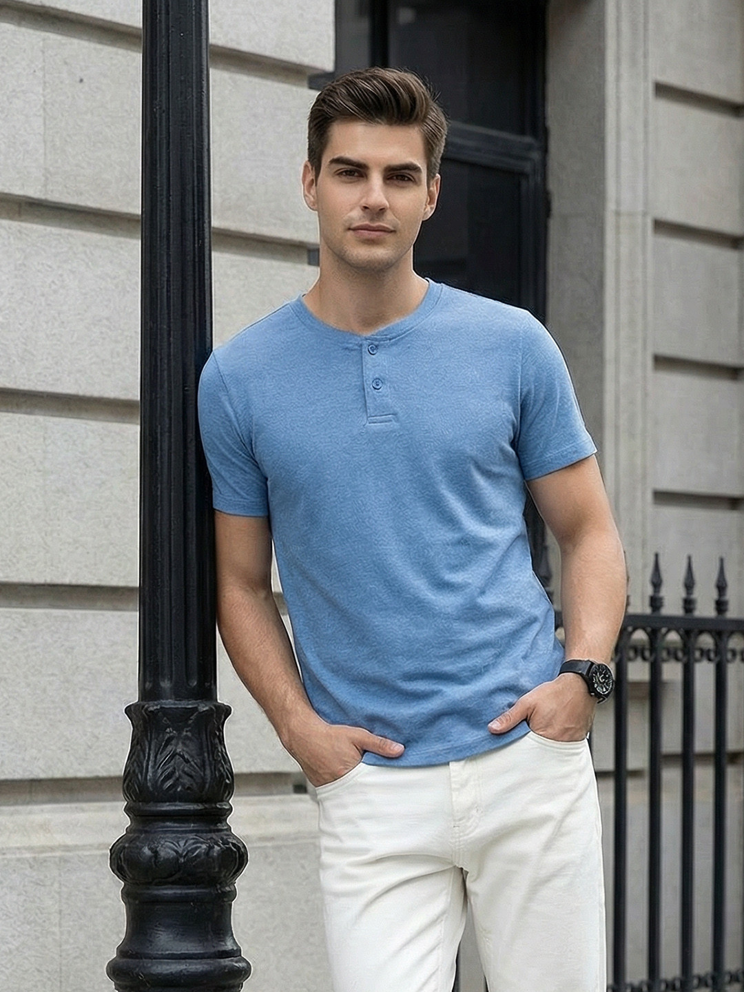 encore by INVICTUS Men Blue Henley Neck Solid T-shirt